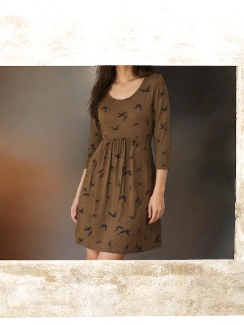 Boden Dress Tunic Shirt Brown with Birds Size 14R Shirt Dress Preppy Feminine